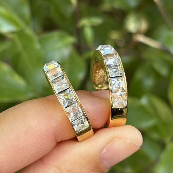 Givenchy Vintage Crystal Earrings Gold Clear Square Crystals Hoop Signed 1980s - Picture 5 of 9